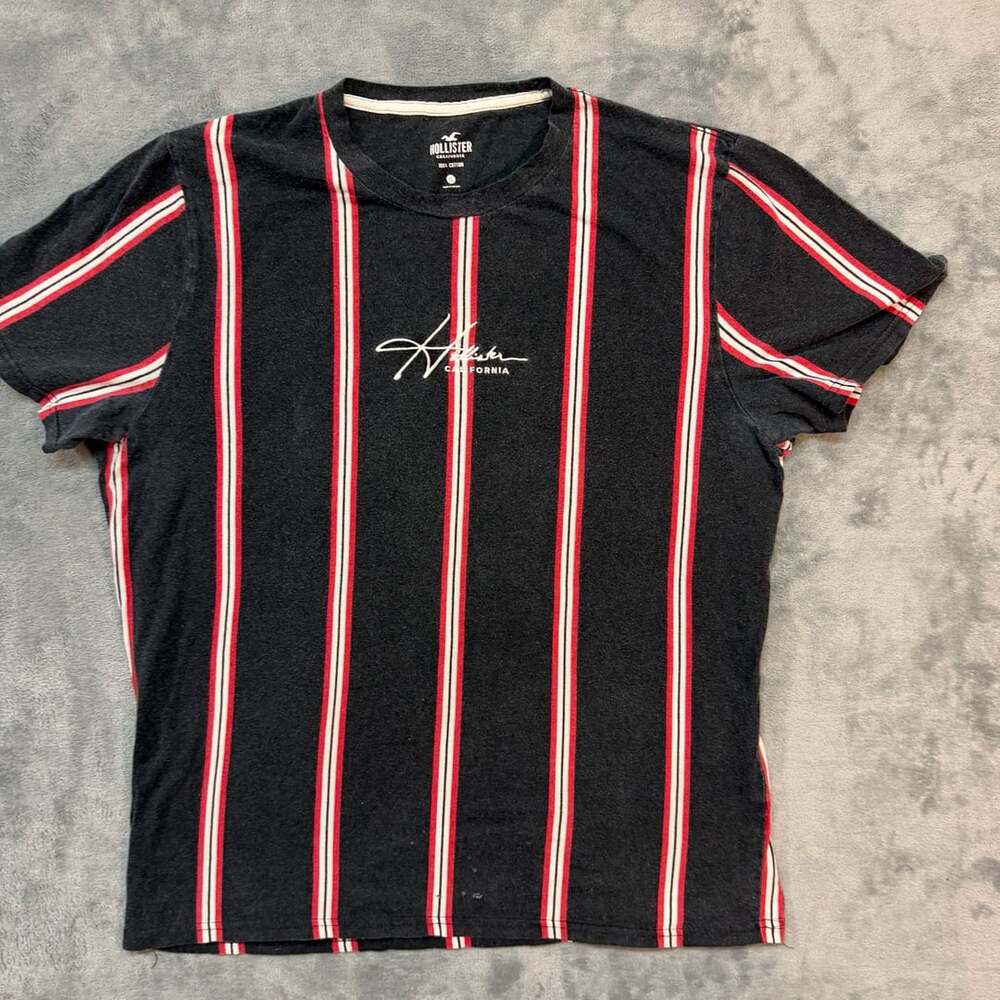 Hollister Striped T-Shirt Size XL Black Red White Logo